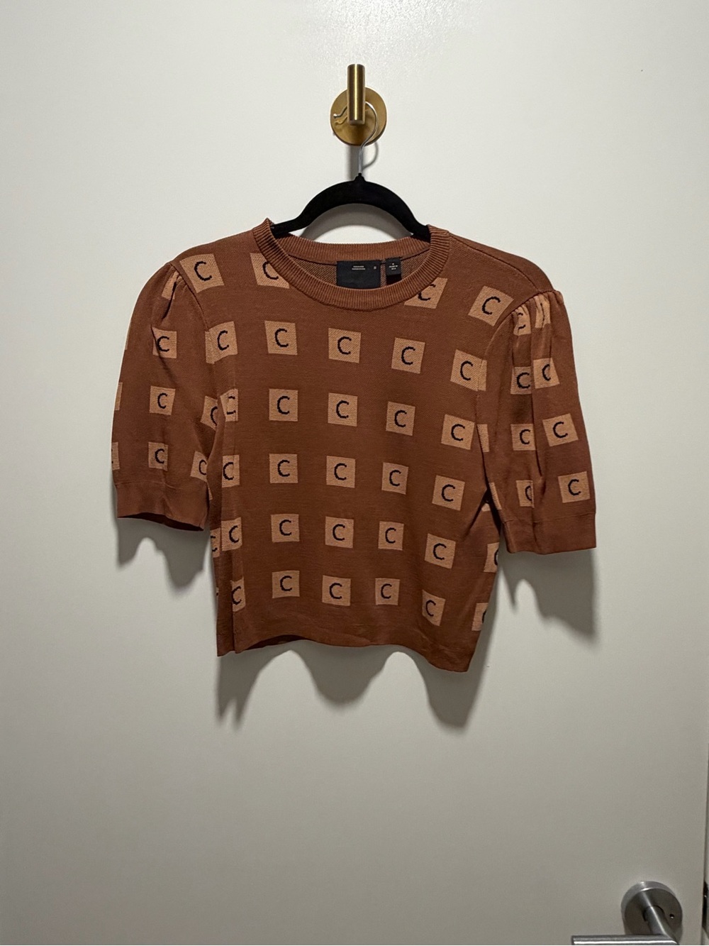 C/MEO Collective Rust Brown Monogram Knit Short Sleeve Top